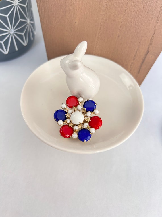 Red, White and Blue Rhinestone Flower Brooch