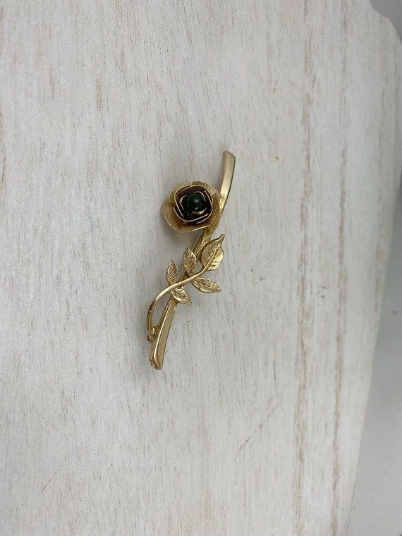 Rose and Jade Brooch, Gold Rose and Stone Pin