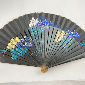 Vintage Hand-Painted Wooden Fan Black Background with Blue Green White Flowers Folding Decorative Fan