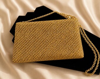 Bolso de noche vintage Walborg dorado con cuentas, cuentas cilíndricas metálicas