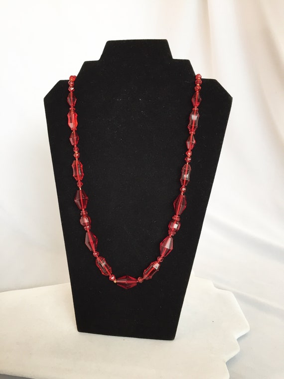 Victorian Era Glass Beaded Necklace Ruby Glass/Cry