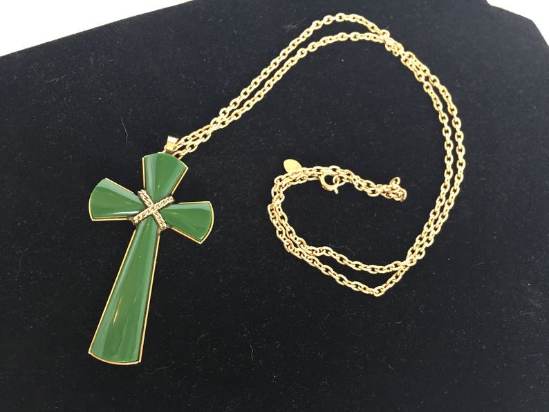 Vintage Lucite Green Cross Pendant Necklace1970s Avon Signed