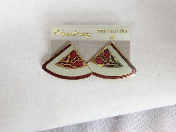 Samuel Huang Fan Shape Cloisonné Earrings, Red an… - image 3