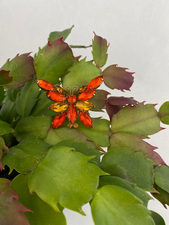 Rhinestone Butterfly Brooch - orange and yellow