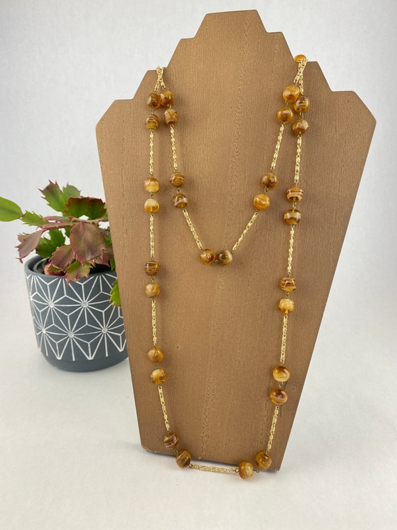 Long Amber Glass Beaded Necklace
