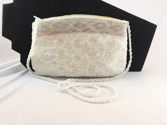 La Regale Ltd. Evening Bag, Hand Beaded, White Pearlescent with Rope Chain