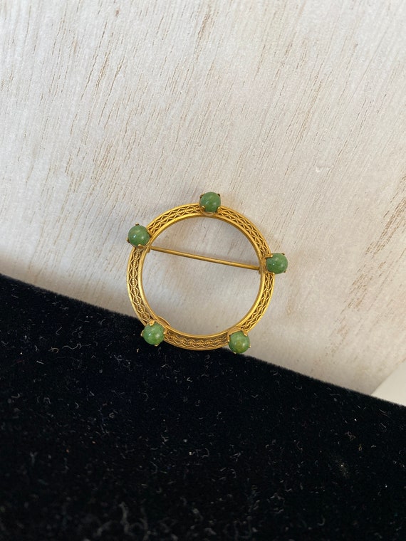 Gold and Jade Circle Brooch. Gold Filled with Jade