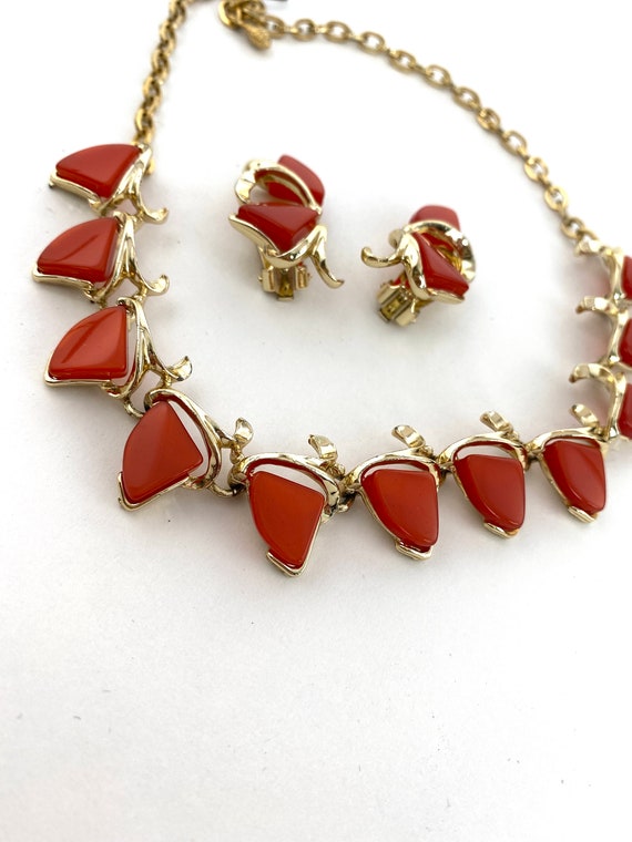 Red Moonglow Necklace and Earring Set. Red and Go… - image 4