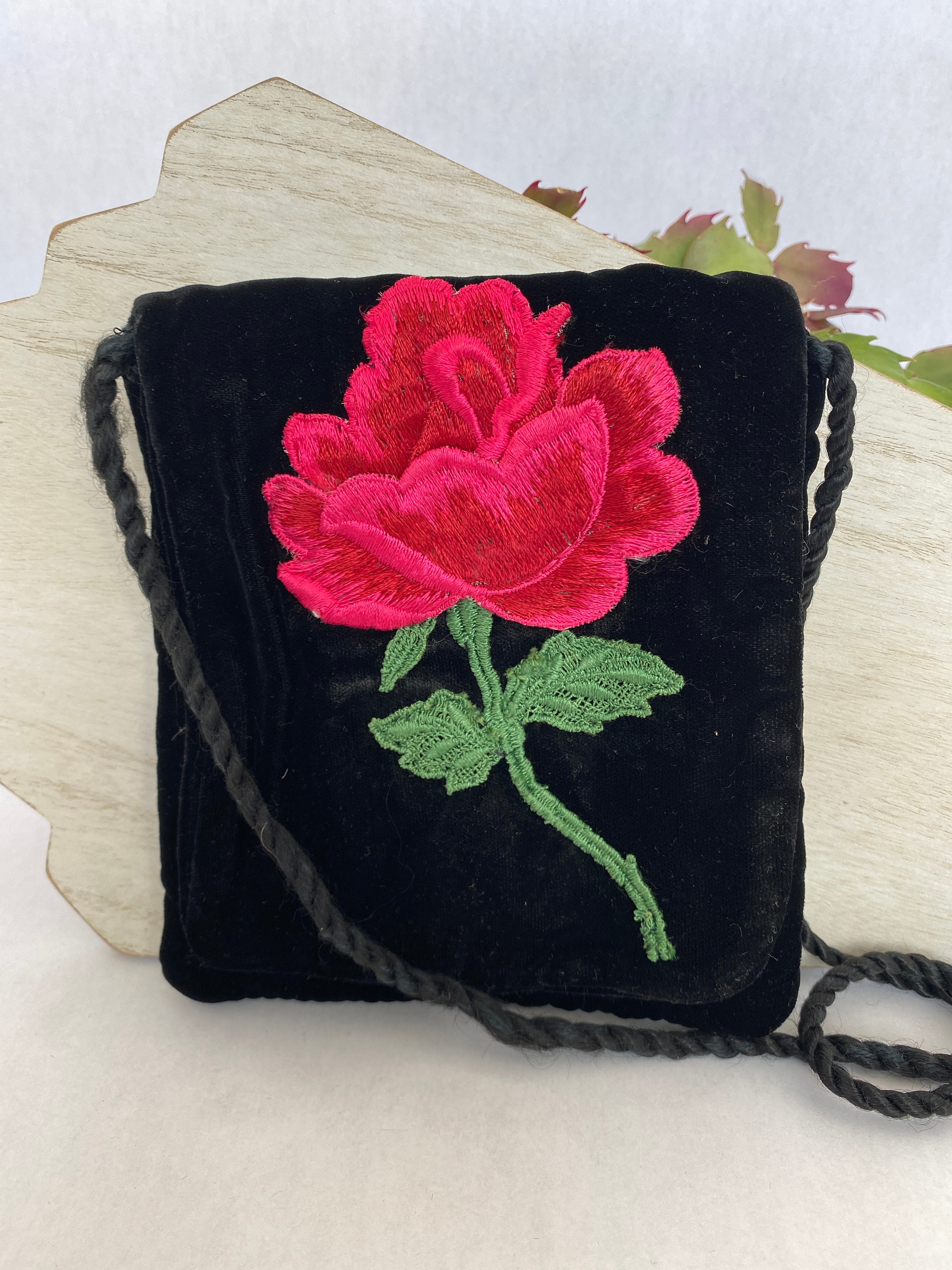 Vintage Kathy Robinson for Mary Kay Black Velvet Embroidered Rose