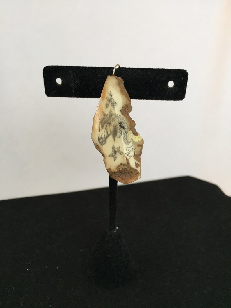 Hand Carved Horse and Flower Pendant Signed Raw and Polished Stone