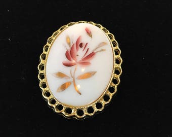 Flower Brooch Hand Painted, Porcelain, Gold Tone, Floral Brooch