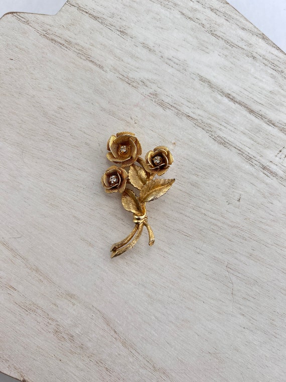 Gold and Rhinestone Rose Brooch