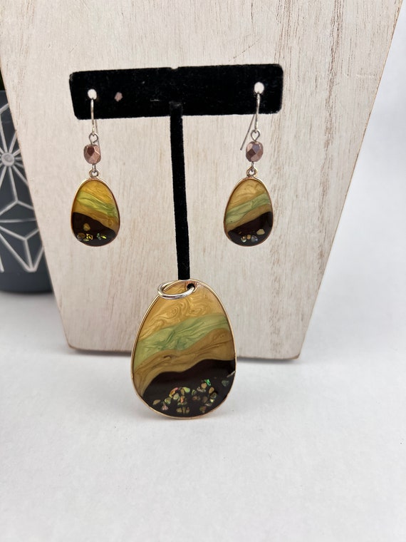 Enamel Inlay Earrings and Pendant Set - 1990s