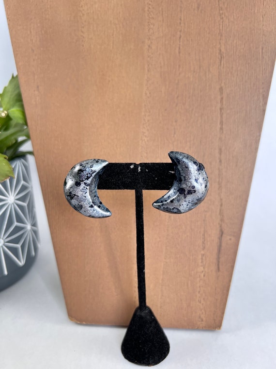 Silver Speckled Moon Earrings