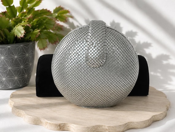Vintage Whiting & Davis Silver Mesh Clutch, Round Evening Bag with Chain