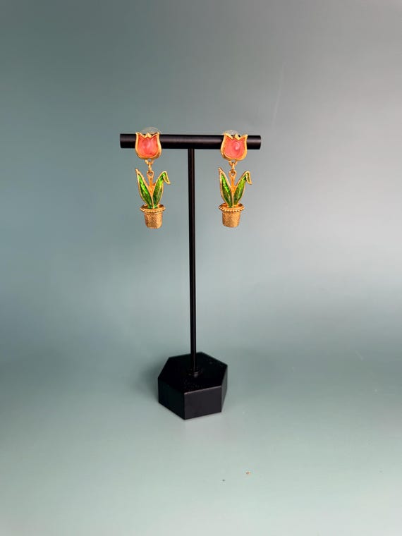 Vintage Tulip Flower Pot Dangle Earrings