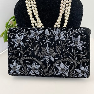 Vintage Black Velvet Evening Bag Beaded Floral Embroidery Clutch with Tuck-In Strap Classic Retro Purse