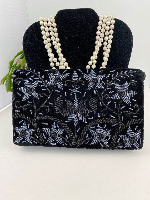 Velvet and Silver Flower Beaded Bag. Beaded Evenin