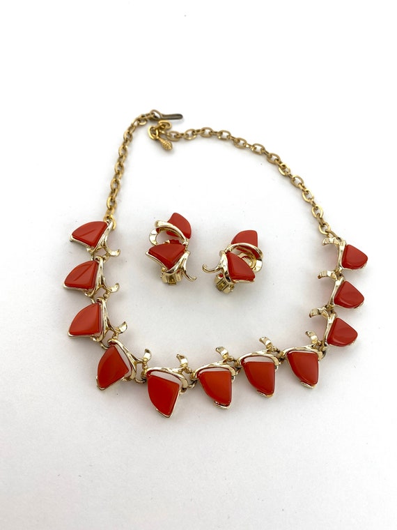 Red Moonglow Necklace and Earring Set. Red and Go… - image 2