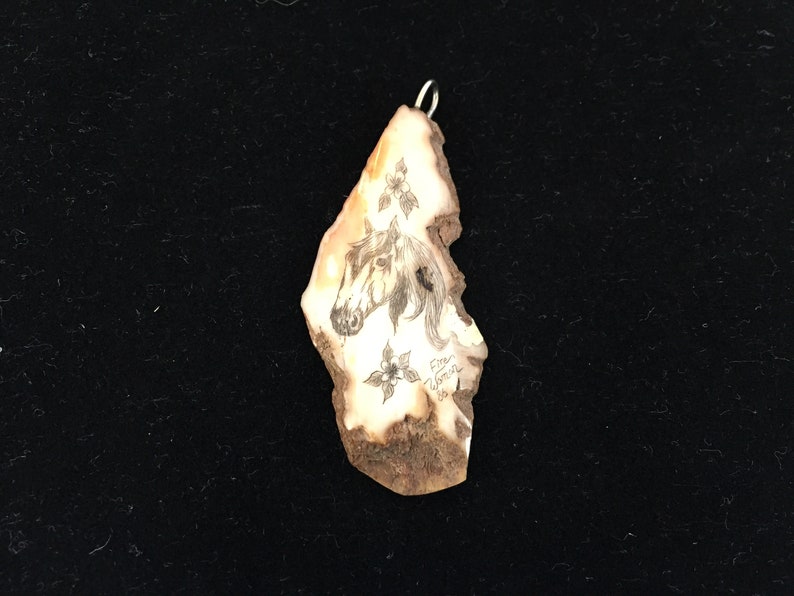 Hand Carved Horse and Flower Pendant Signed Raw and Polished Stone