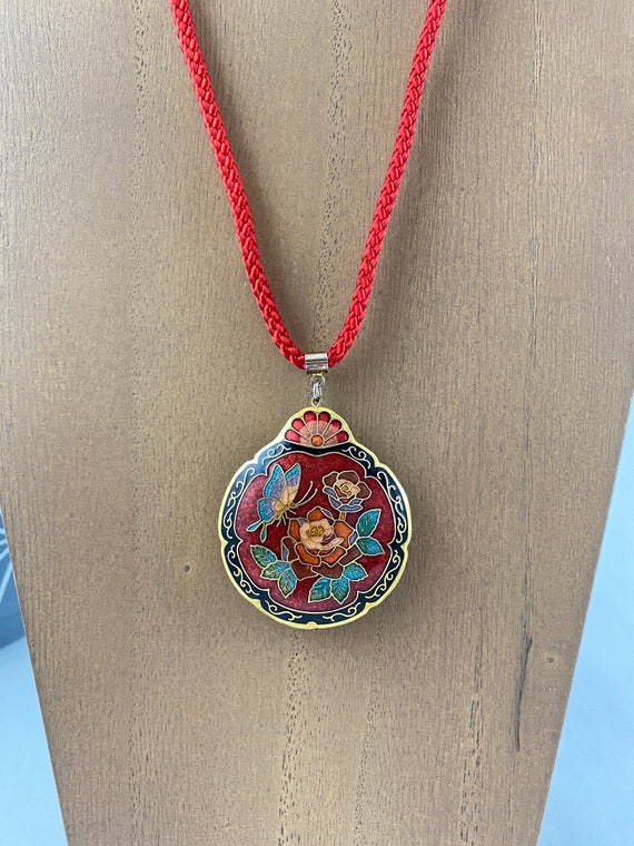 Butterfly and Flower Cloisonné Pendant Necklace