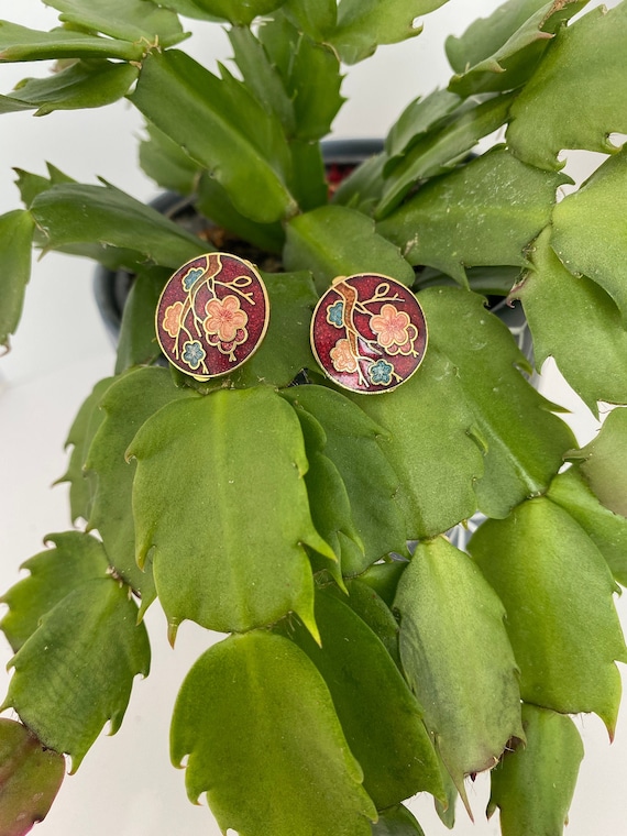 Pink Flower Cloisonné Round Earrings.