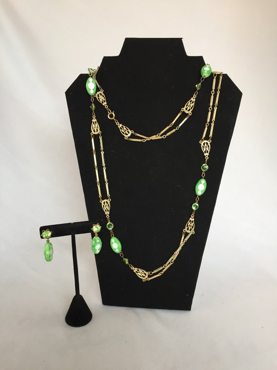 Vintage Gold and Green Lucite, Necklace and Earrin