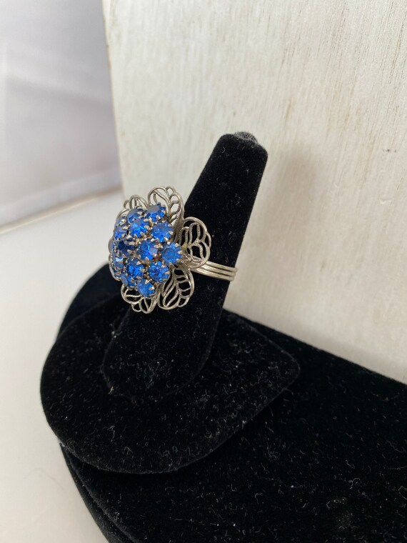 Blue Rhinestone Flower Ring - image 2