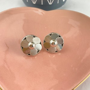 Silver Flower Button Earrings.