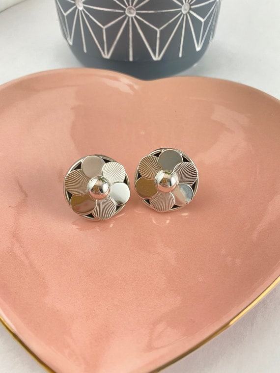 Silver Flower Button Earrings. - image 1