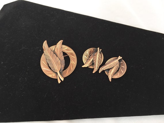 Copper Feather Brooch and Earring Set. Southweste… - image 1