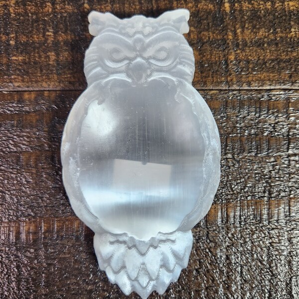 Satin Spar | Selenite Crystal Owl Carving Bowl - Dish