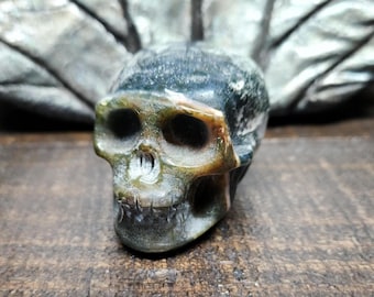 Moss Agate Crystal Skull Carving