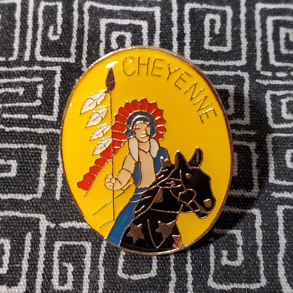 CHEYENNE ENAMEL PIN - Native American - Indian Warrior in Head Dress - Riding - Black Horse - Stars and Spear - Tribal - tribe - horses