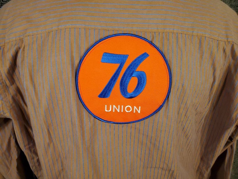 Union 76 Gas Station Attendant Crew Shirt Button Up With Patch on Back Perry Ellis Long Sleeve