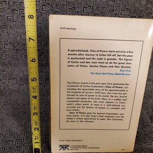 May include: A book cover with a white background and black text. The title of the book is "Tales of Power" by Carlos Castaneda. The book is about the author's apprenticeship in the mysteries of sorcery. The book cover also includes a quote from The New York Times Book Review.