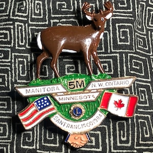 Lion&#39;s Club Enamel Pin - White Tailed Deer - Lion&#39;s Club Membership pin - Logo on pin - Canada and USA flag pin - MN - San Francisco 1984