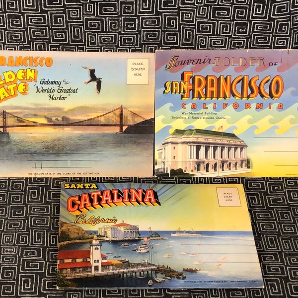 California 1930's Souvenir Postcard folders - set of 3 - 56 photos - Avalon - Golden Gate - Alcatraz Island - Cliff House - Skyscrapers