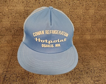 Hotpoint Mesh Snapback Hat, Trucker Cap, Cowan Refrigeration - Osakis MN - Refrigerator Repairman - Blue and White
