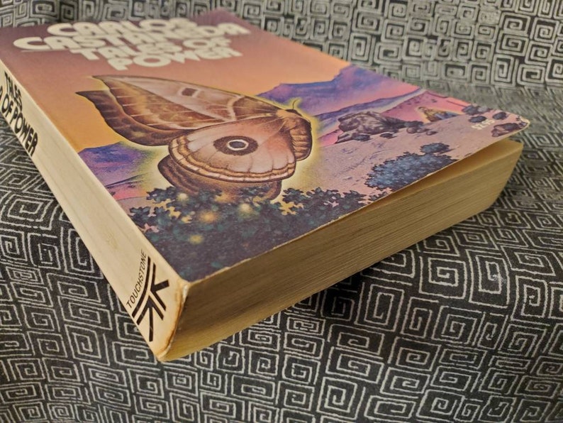 May include: A paperback book titled "The Trials of Power" by Carlos Castaneda. The cover features a large, brown moth with a white spot on its wing, set against a colorful, abstract background.