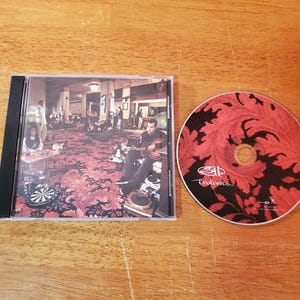 May include: A CD case and disc are displayed on a wooden surface. The CD case features a photograph of a man playing a guitar in a room with other people. The disc has a red and black design with the word "Evolver" on it.