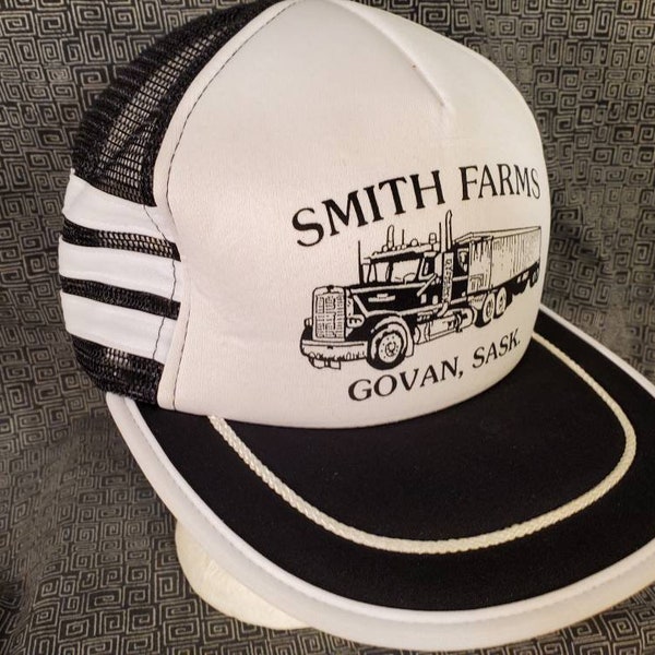 Govan Saskatchewan Mesh Snapback Trucker Hat -  Smith Farms Triple Stripe -  Canada - Black and White - Semi Truck Cap