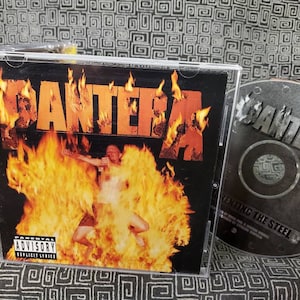 May include: A CD case featuring the album "Reinventing the Steel" by Pantera. The album cover displays the band's name in orange flames against a black background, with a person engulfed in fire. The CD is visible next to the case.