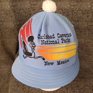 Carlsbad Caverns Womens Mesh Trucker Hat - 1/2 Bill with bon bon on top - New Mexico National Park - Original Vintage - Hiking Cap