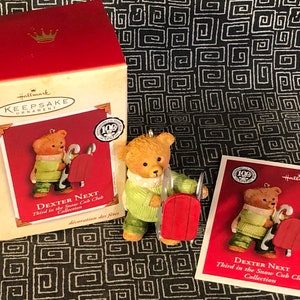 Hallmark Keepsake Dexter Next Ornament - 2002 - #3 in Snow Cub Club Collection - Bear with sled that has runners ready for Winter games