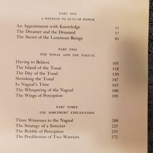 May include: A book titled "The Teachings of Don Juan: A Yaqui Way of Knowledge" by Carlos Castaneda. The book cover is white with black text. The table of contents lists the book's chapters and their corresponding page numbers.