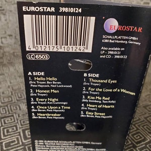 May include: Black and white cassette tape case with the title "Honest Men" and the band's name "Eric Troyer" printed on the front. The back of the case lists the song titles and credits for the album. The case has a barcode and the text "EUROSTAR 39810124" printed on the front.