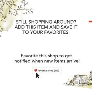 K&ouml;nnte beinhalten: Eine Aquarell-Illustration eines Hauses mit gr&uuml;nem Dach und wei&szlig;en Verzierungen. Der Text "Favorite shop (116)" befindet sich in einem roten Herz-Symbol. Der Text "Favorite this shop to get notified when new items arrive!" befindet sich unterhalb des Herz-Symbols.