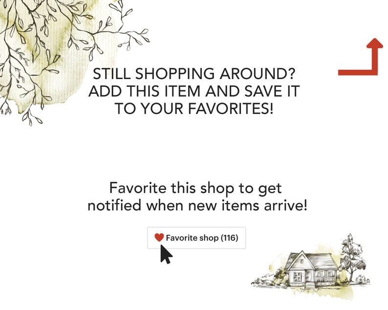K&ouml;nnte beinhalten: Eine Aquarell-Illustration eines Hauses mit gr&uuml;nem Dach und wei&szlig;en Verzierungen. Der Text "Favorite shop (116)" befindet sich in einem roten Herz-Symbol. Der Text "Favorite this shop to get notified when new items arrive!" befindet sich unterhalb des Herz-Symbols.
