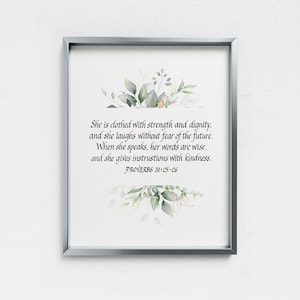 DRUCKBARE Sprüche 31 25-26, Muttertag Bibelvers, christliches Geschenk für Frau Mutter Schwiegermutter, sie ist mit Stärke und Würde bekleidet